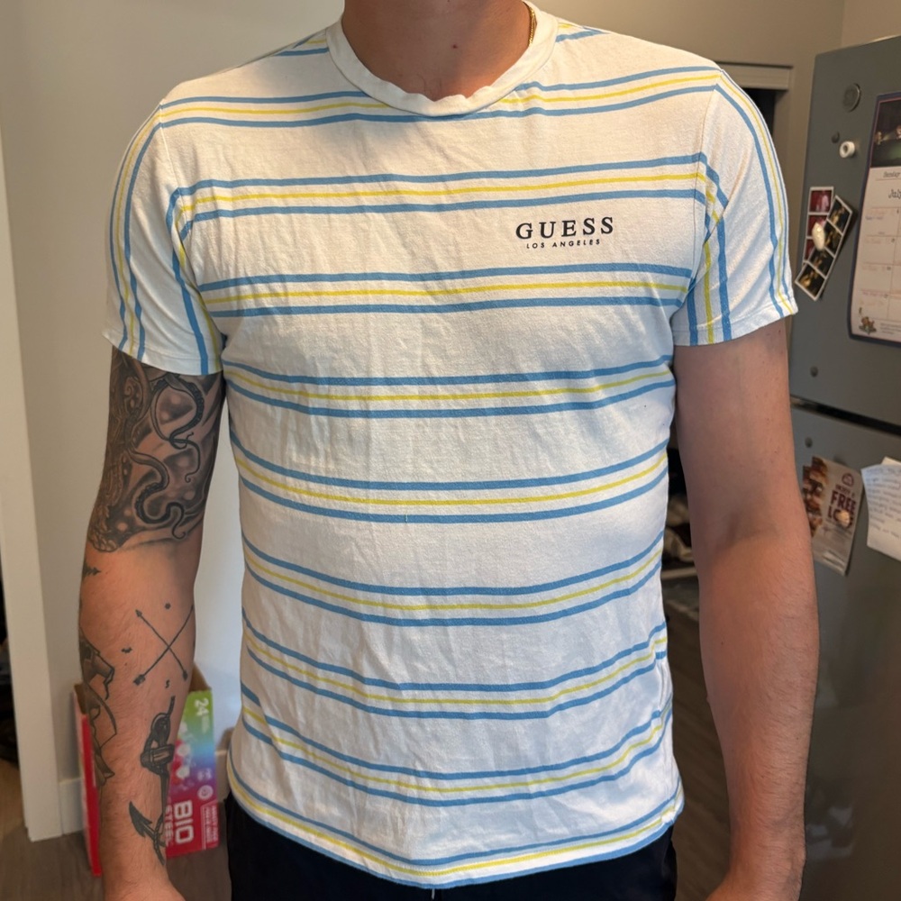 2/$15 Guess Cotton Men’s White and Blue Striped Short Sleeve Tee